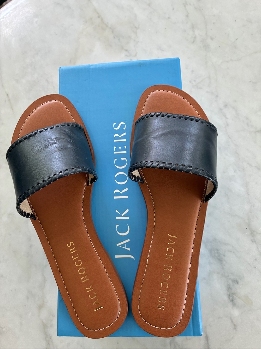 Jack Rogers Navy and Tan Slide Sandals